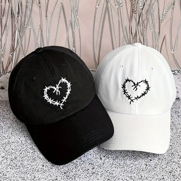 Accessories - 2 Embroidered Heart Design Black and White Baseball Hats